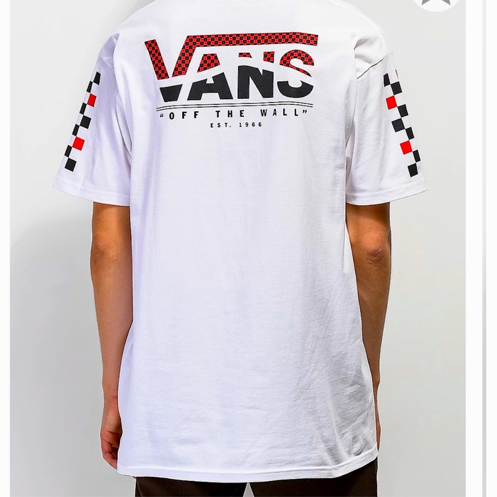 Vans, Size M, White T-Shirt W/ Signature Red & Black Logo. Almost New Condition.